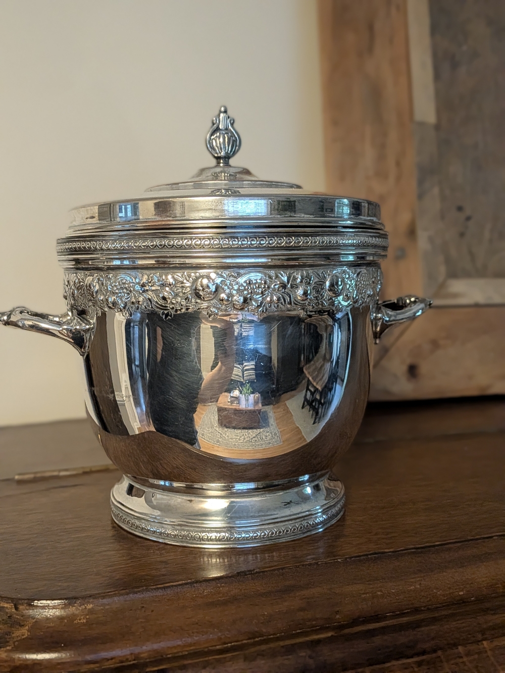 Vintage Silver Plate Insulated Ice Bucket | Ornate Fruit & Vine Relief with Lid